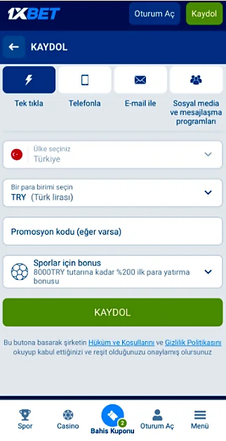 1xbet kayıt seçenekleri